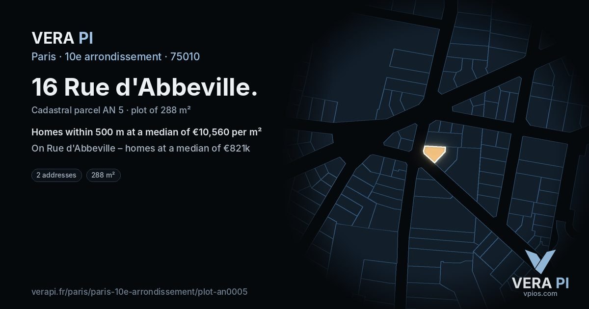 16 Rue d'Abbeville, 10e arrondissement at night – the plot lit, the parcels around coloured by the prices near them