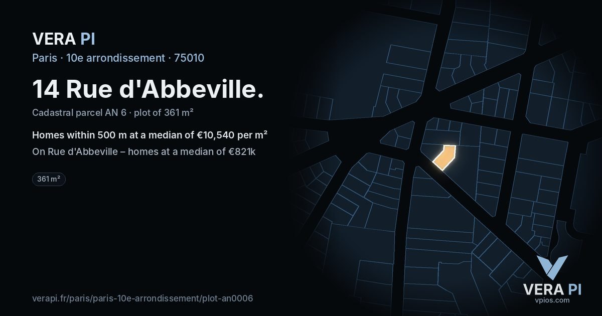14 Rue d'Abbeville, 10e arrondissement at night – the plot lit, the parcels around coloured by the prices near them