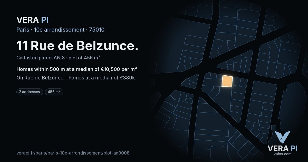 11 Rue de Belzunce, 10e arrondissement at night – the plot lit, the parcels around coloured by the prices near them