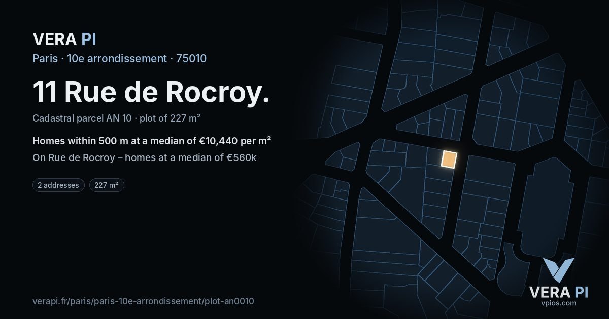 11 Rue de Rocroy, 10e arrondissement at night – the plot lit, the parcels around coloured by the prices near them