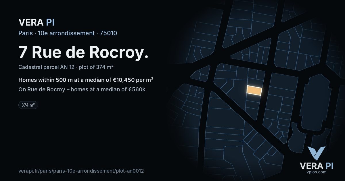 7 Rue de Rocroy, 10e arrondissement at night – the plot lit, the parcels around coloured by the prices near them