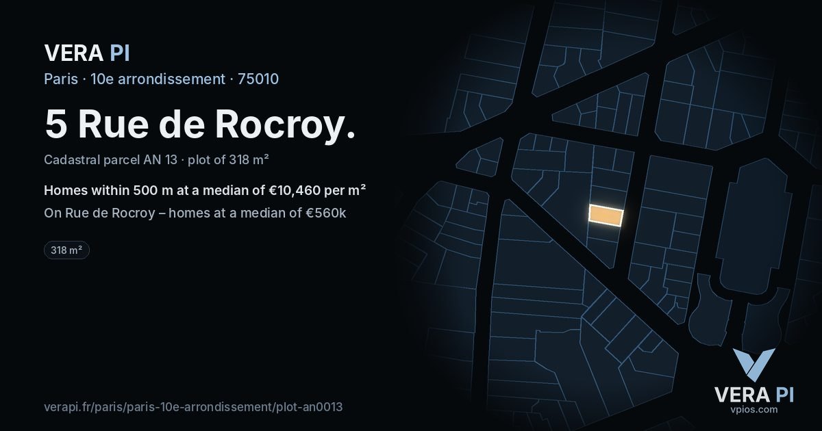5 Rue de Rocroy, 10e arrondissement at night – the plot lit, the parcels around coloured by the prices near them