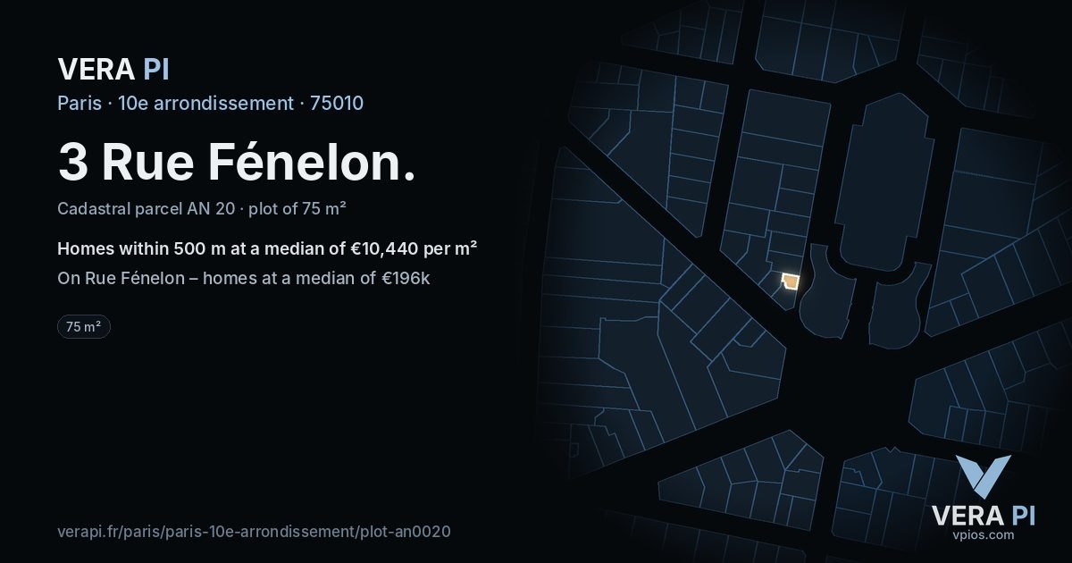 3 Rue Fénelon, 10e arrondissement at night – the plot lit, the parcels around coloured by the prices near them