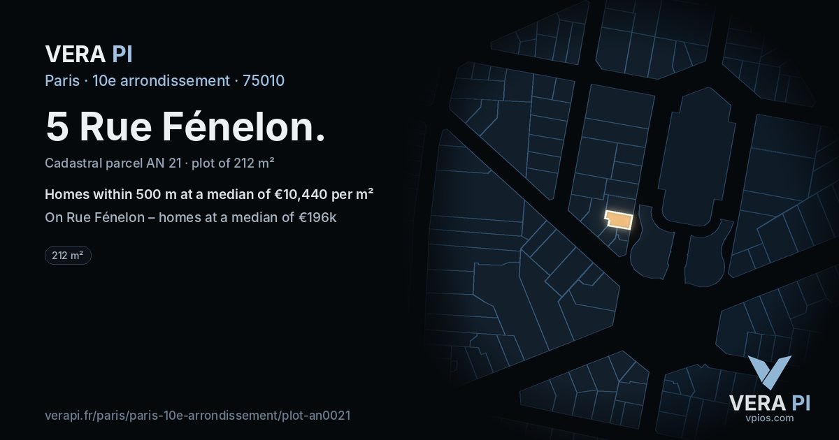 5 Rue Fénelon, 10e arrondissement at night – the plot lit, the parcels around coloured by the prices near them