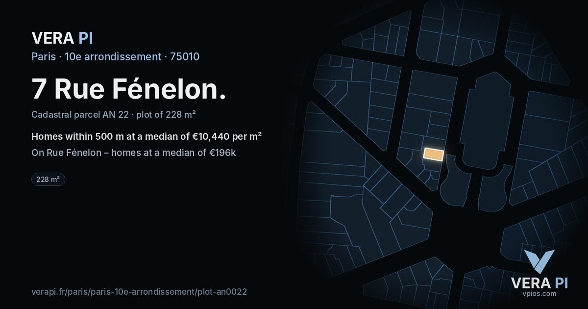 7 Rue Fénelon, 10e arrondissement at night – the plot lit, the parcels around coloured by the prices near them
