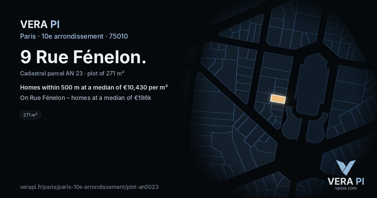 9 Rue Fénelon, 10e arrondissement at night – the plot lit, the parcels around coloured by the prices near them