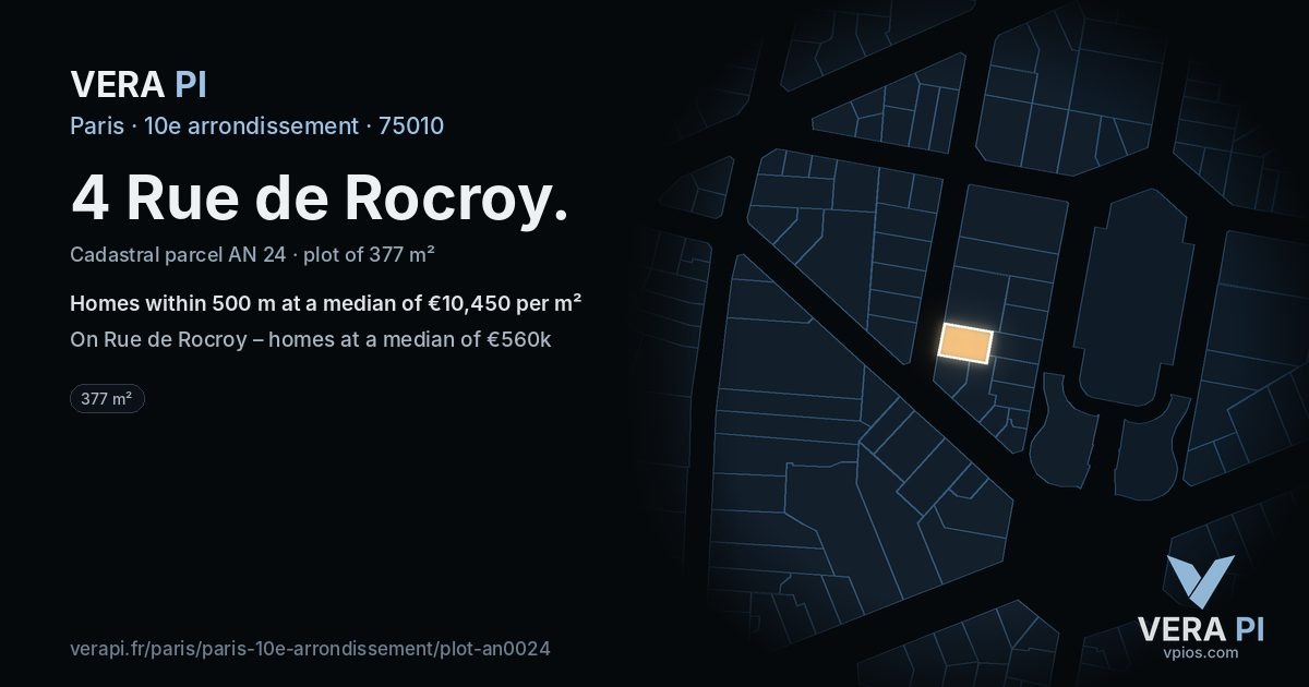 4 Rue de Rocroy, 10e arrondissement at night – the plot lit, the parcels around coloured by the prices near them