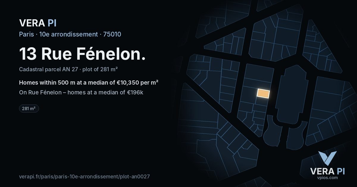 13 Rue Fénelon, 10e arrondissement at night – the plot lit, the parcels around coloured by the prices near them