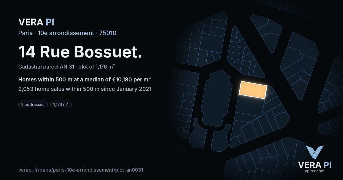 14 Rue Bossuet, 10e arrondissement at night – the plot lit, the parcels around coloured by the prices near them