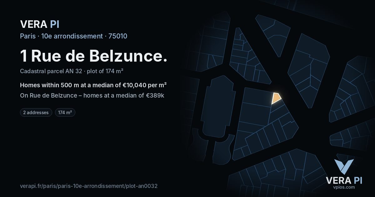 1 Rue de Belzunce, 10e arrondissement at night – the plot lit, the parcels around coloured by the prices near them