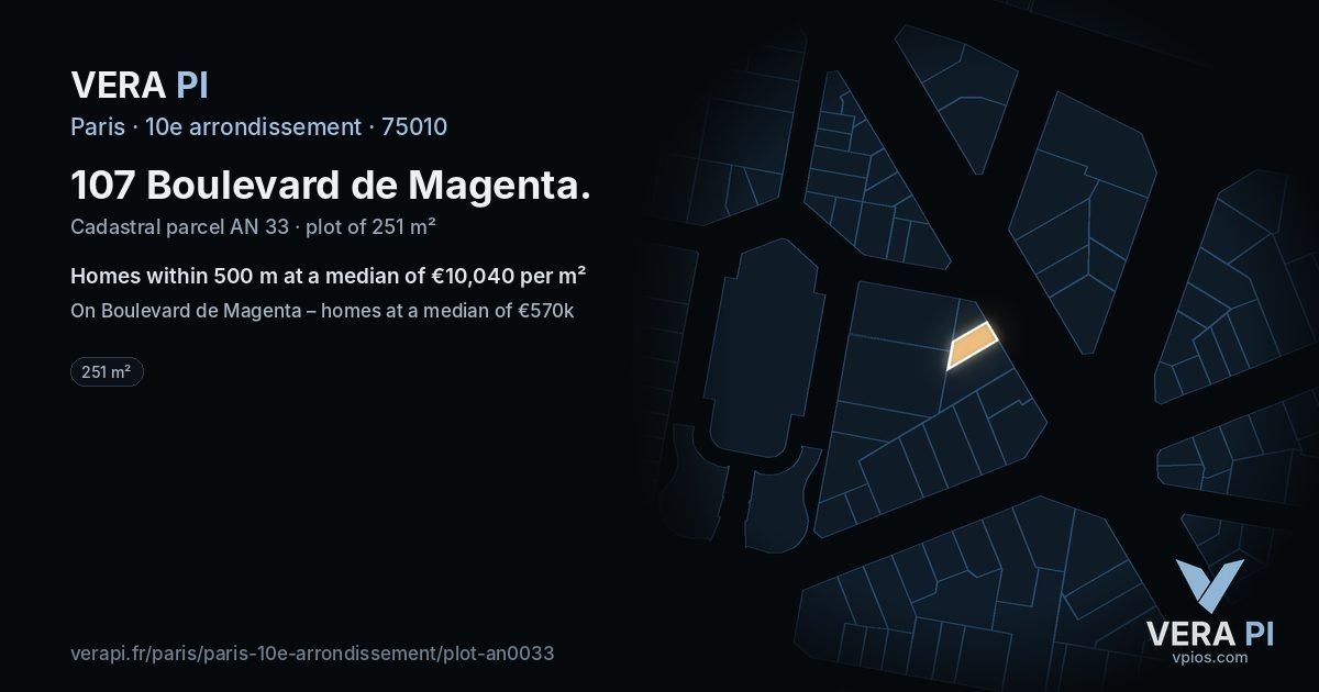 107 Boulevard de Magenta, 10e arrondissement at night – the plot lit, the parcels around coloured by the prices near them
