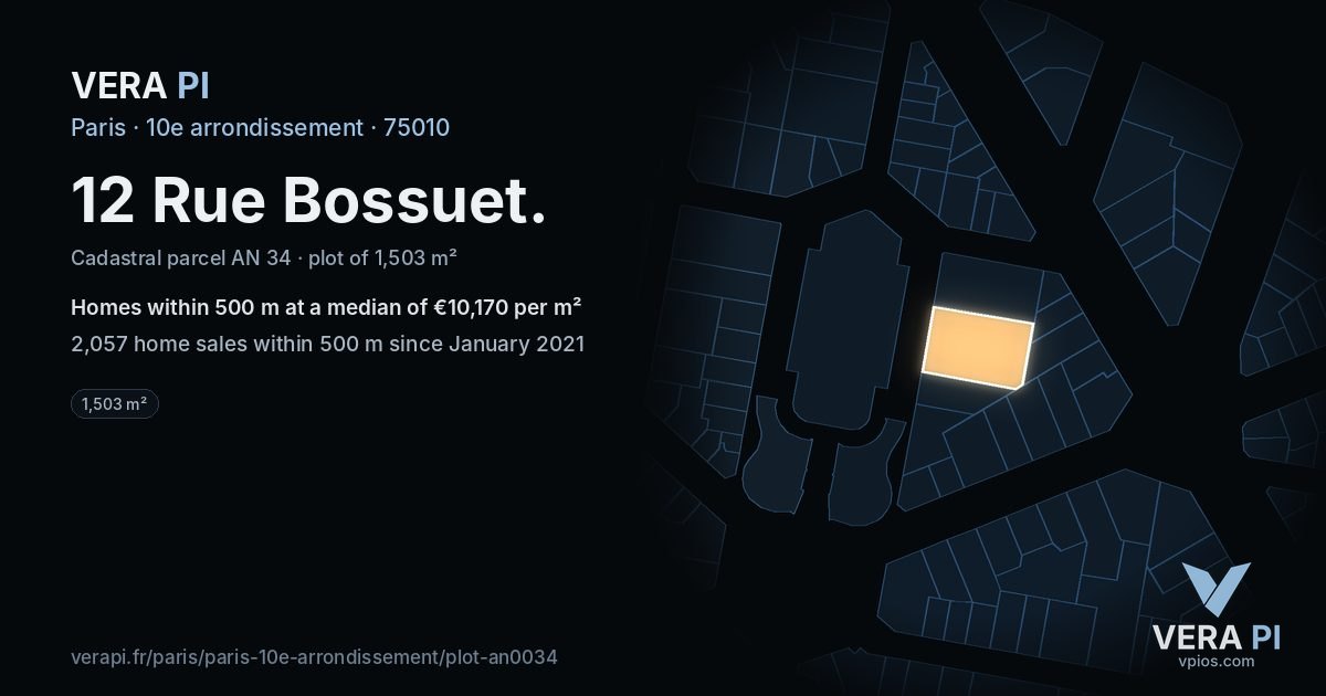 12 Rue Bossuet, 10e arrondissement at night – the plot lit, the parcels around coloured by the prices near them