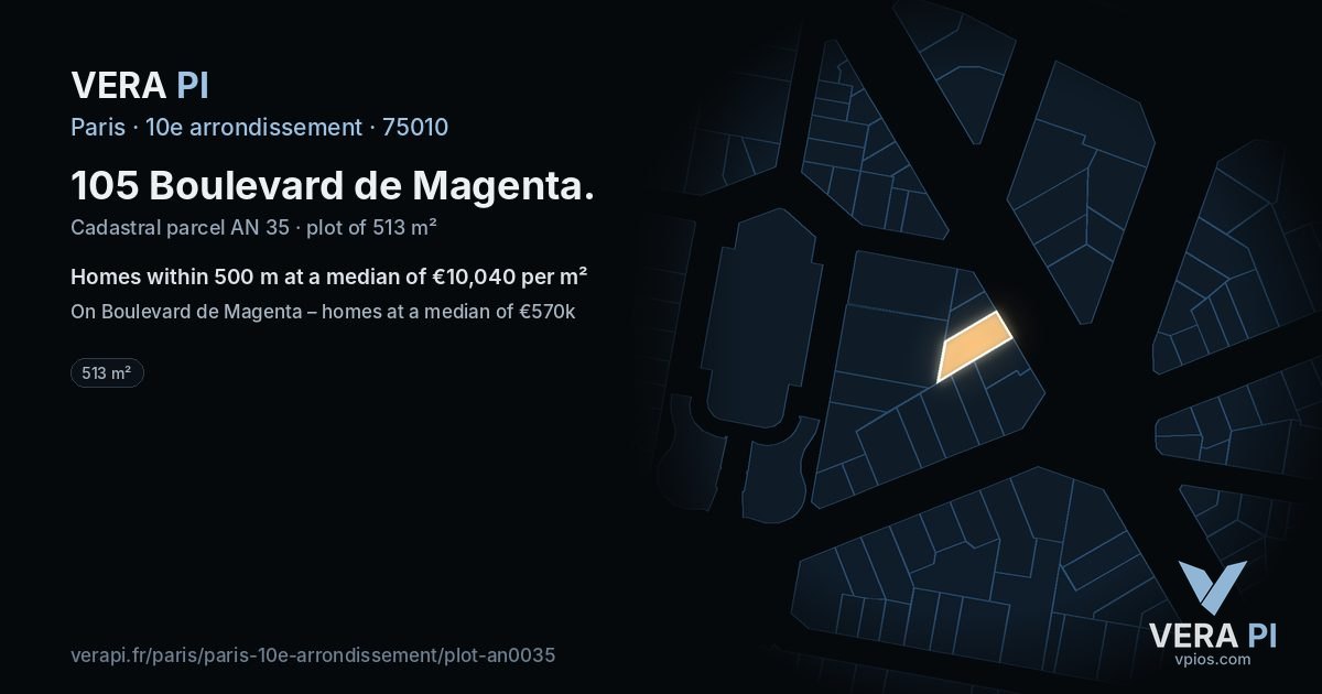 105 Boulevard de Magenta, 10e arrondissement at night – the plot lit, the parcels around coloured by the prices near them