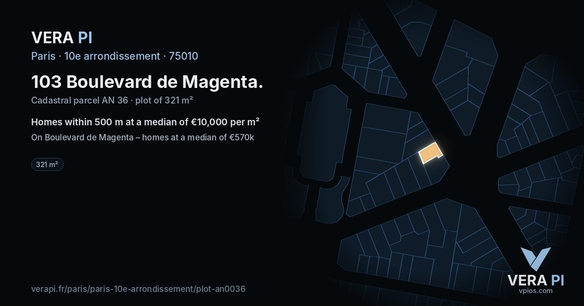 103 Boulevard de Magenta, 10e arrondissement at night – the plot lit, the parcels around coloured by the prices near them