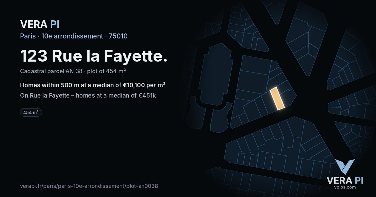 123 Rue la Fayette, 10e arrondissement at night – the plot lit, the parcels around coloured by the prices near them