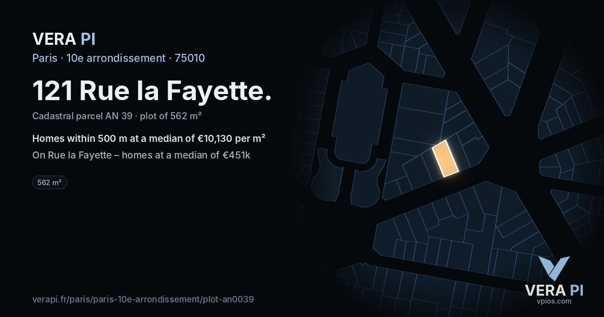 121 Rue la Fayette, 10e arrondissement at night – the plot lit, the parcels around coloured by the prices near them