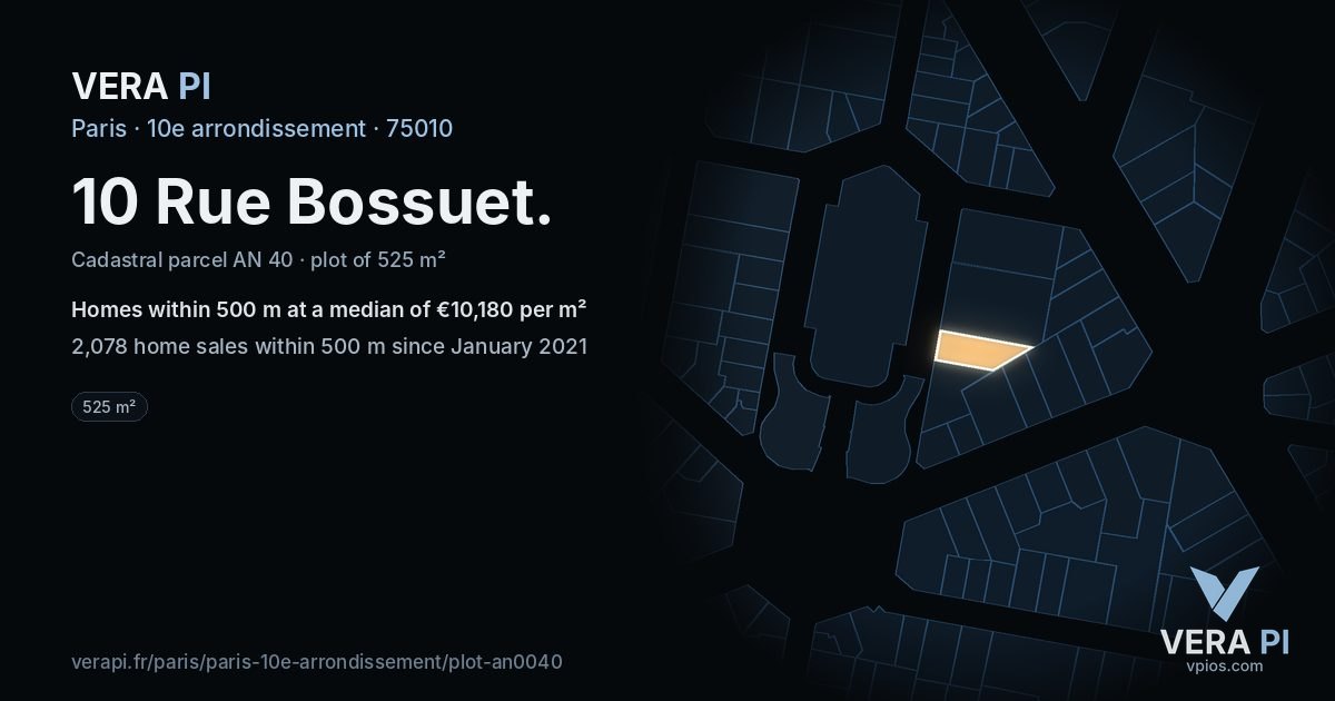 10 Rue Bossuet, 10e arrondissement at night – the plot lit, the parcels around coloured by the prices near them