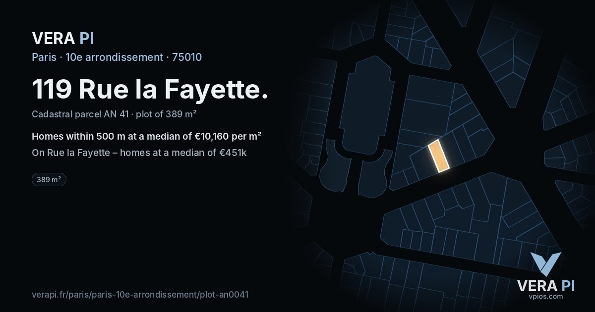 119 Rue la Fayette, 10e arrondissement at night – the plot lit, the parcels around coloured by the prices near them