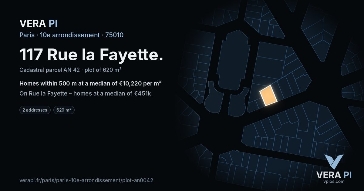 117 Rue la Fayette, 10e arrondissement at night – the plot lit, the parcels around coloured by the prices near them
