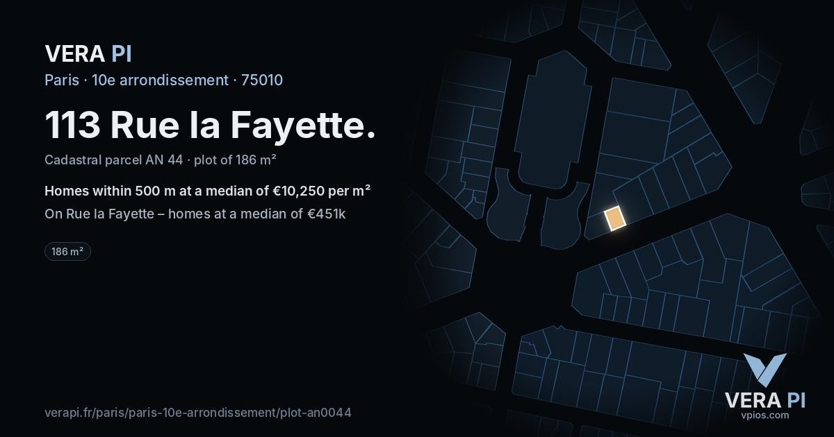 113 Rue la Fayette, 10e arrondissement at night – the plot lit, the parcels around coloured by the prices near them