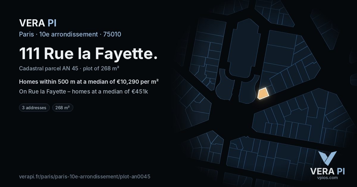 111 Rue la Fayette, 10e arrondissement at night – the plot lit, the parcels around coloured by the prices near them