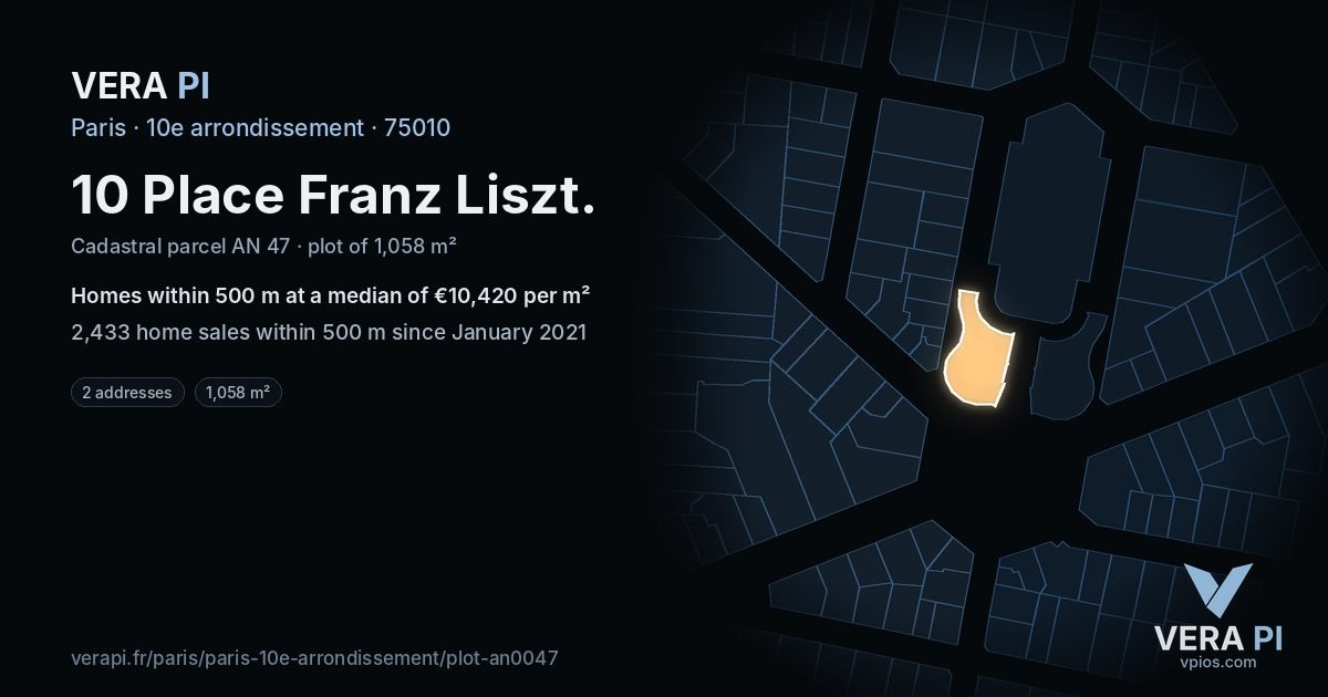 10 Place Franz Liszt, 10e arrondissement at night – the plot lit, the parcels around coloured by the prices near them
