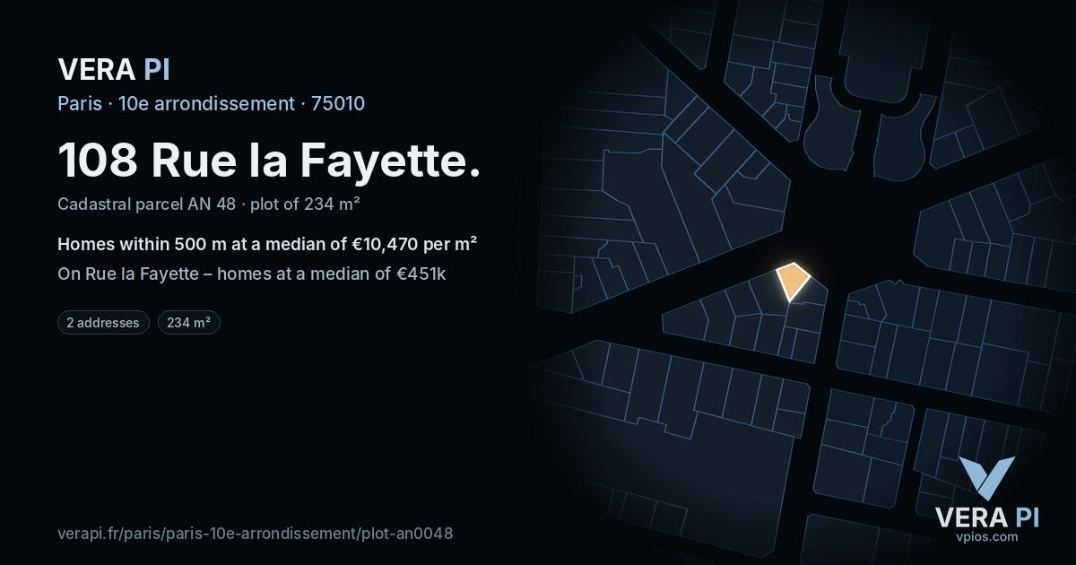 108 Rue la Fayette, 10e arrondissement at night – the plot lit, the parcels around coloured by the prices near them