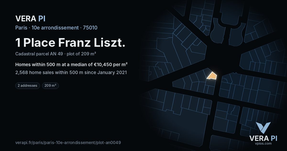 1 Place Franz Liszt, 10e arrondissement at night – the plot lit, the parcels around coloured by the prices near them