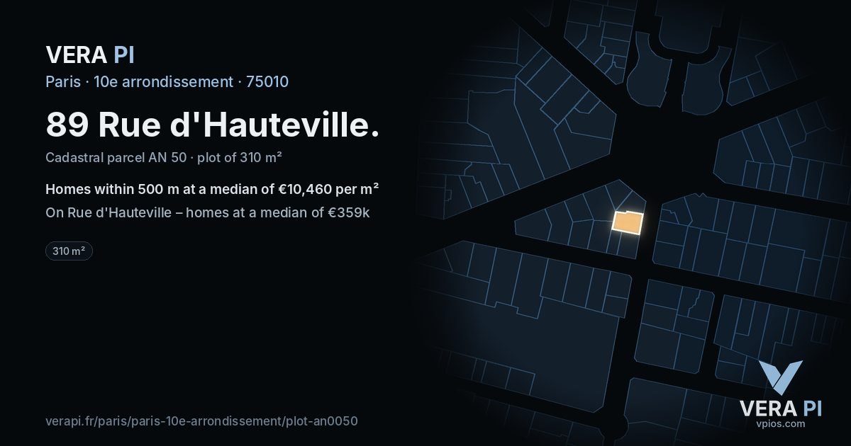 89 Rue d'Hauteville, 10e arrondissement at night – the plot lit, the parcels around coloured by the prices near them