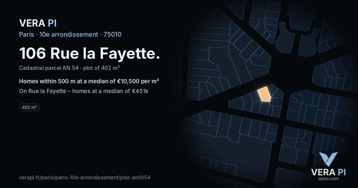 106 Rue la Fayette, 10e arrondissement at night – the plot lit, the parcels around coloured by the prices near them