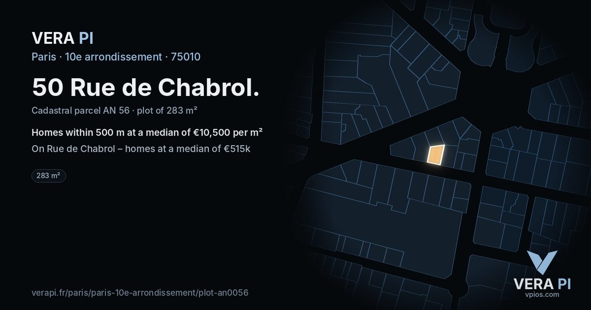 50 Rue de Chabrol, 10e arrondissement at night – the plot lit, the parcels around coloured by the prices near them