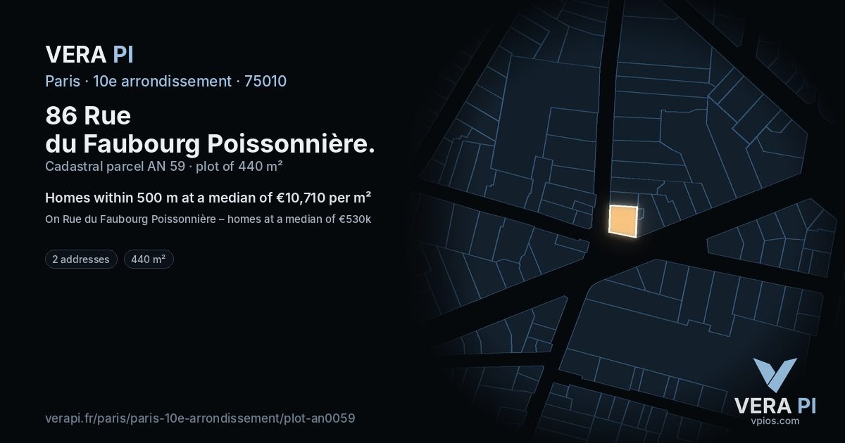 86 Rue du Faubourg Poissonnière, 10e arrondissement at night – the plot lit, the parcels around coloured by the prices near them