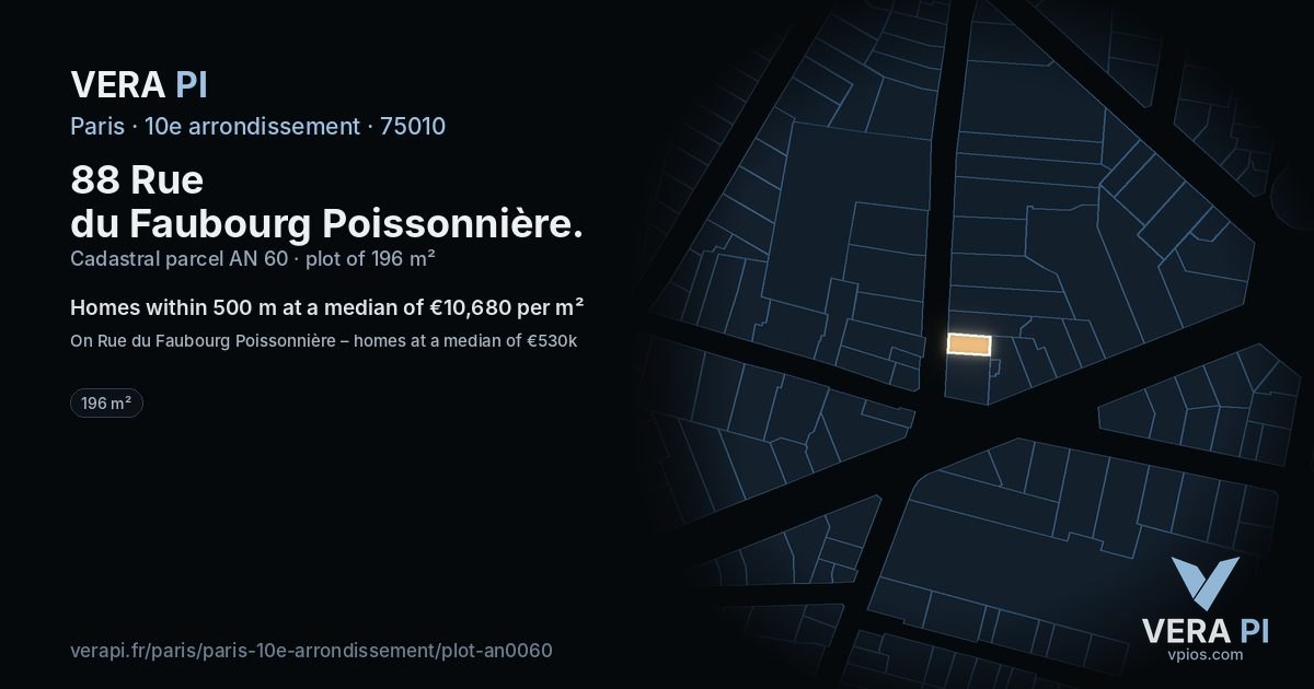 88 Rue du Faubourg Poissonnière, 10e arrondissement at night – the plot lit, the parcels around coloured by the prices near them
