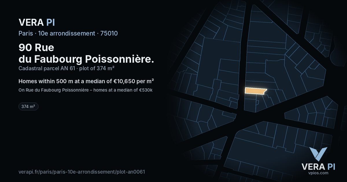 90 Rue du Faubourg Poissonnière, 10e arrondissement at night – the plot lit, the parcels around coloured by the prices near them