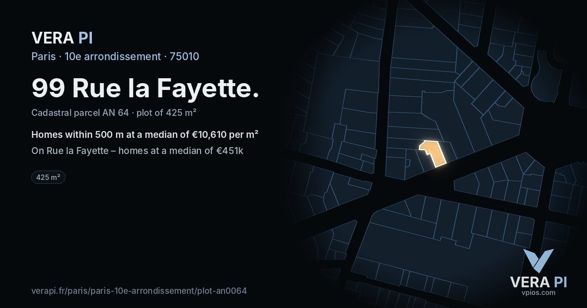 99 Rue la Fayette, 10e arrondissement at night – the plot lit, the parcels around coloured by the prices near them