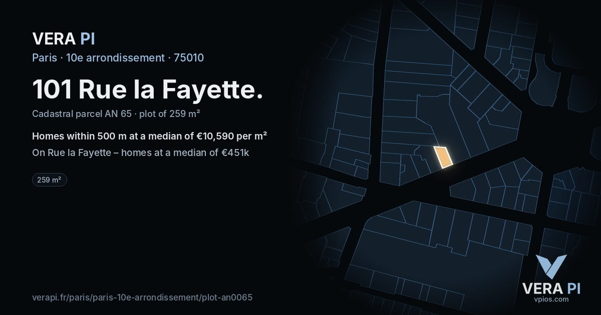 101 Rue la Fayette, 10e arrondissement at night – the plot lit, the parcels around coloured by the prices near them