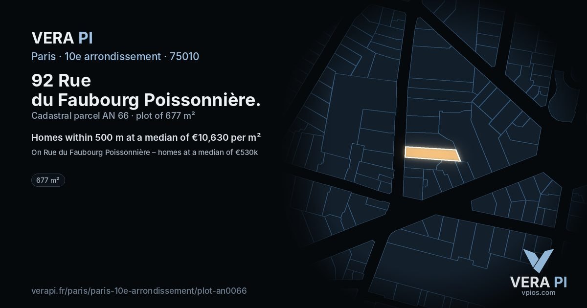 92 Rue du Faubourg Poissonnière, 10e arrondissement at night – the plot lit, the parcels around coloured by the prices near them
