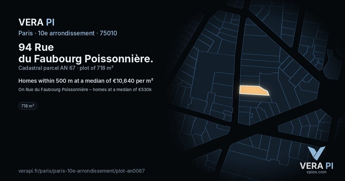 94 Rue du Faubourg Poissonnière, 10e arrondissement at night – the plot lit, the parcels around coloured by the prices near them