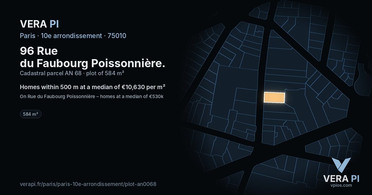 96 Rue du Faubourg Poissonnière, 10e arrondissement at night – the plot lit, the parcels around coloured by the prices near them