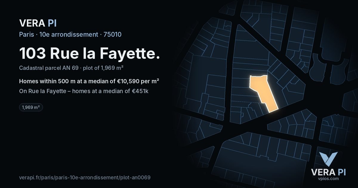 103 Rue la Fayette, 10e arrondissement at night – the plot lit, the parcels around coloured by the prices near them