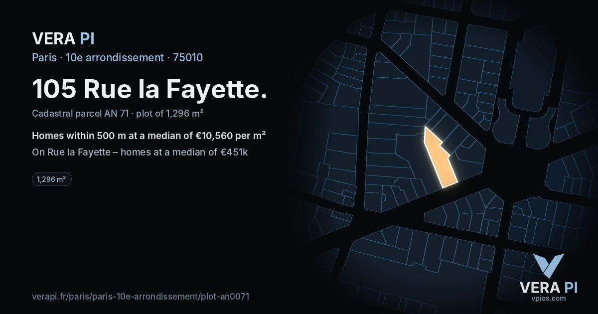 105 Rue la Fayette, 10e arrondissement at night – the plot lit, the parcels around coloured by the prices near them