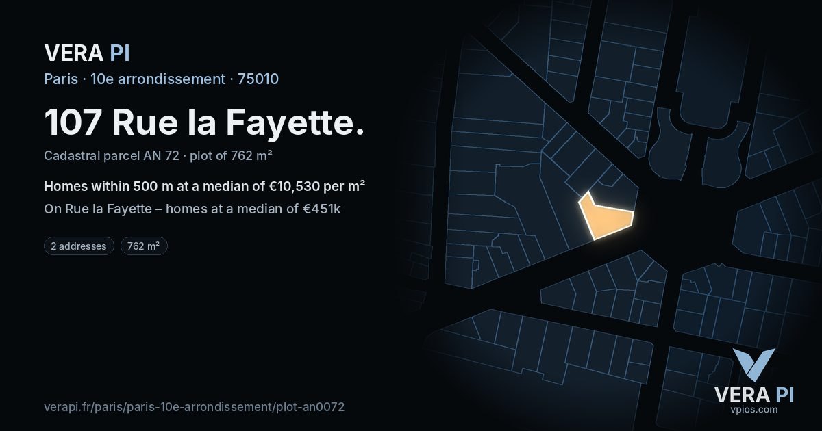 107 Rue la Fayette, 10e arrondissement at night – the plot lit, the parcels around coloured by the prices near them