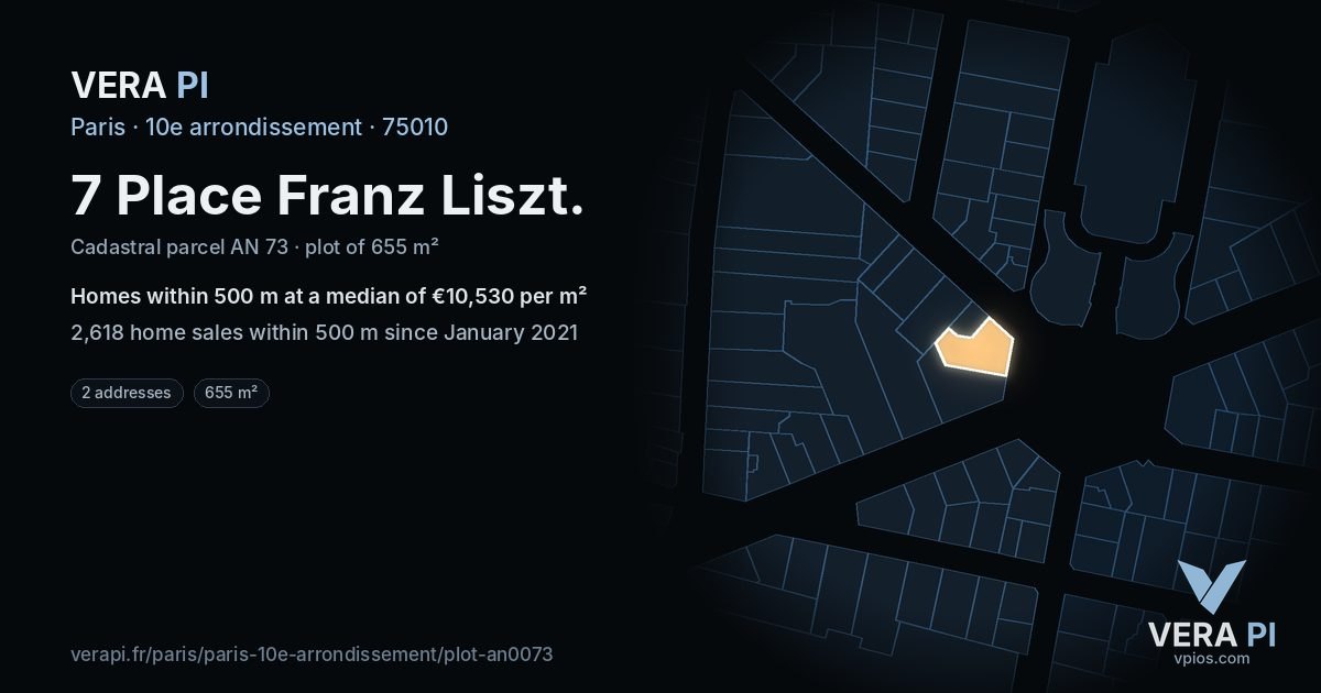 7 Place Franz Liszt, 10e arrondissement at night – the plot lit, the parcels around coloured by the prices near them