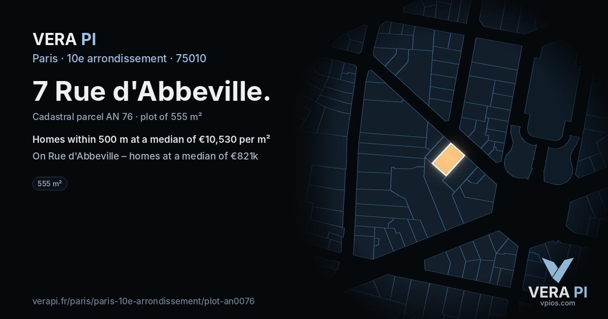 7 Rue d'Abbeville, 10e arrondissement at night – the plot lit, the parcels around coloured by the prices near them