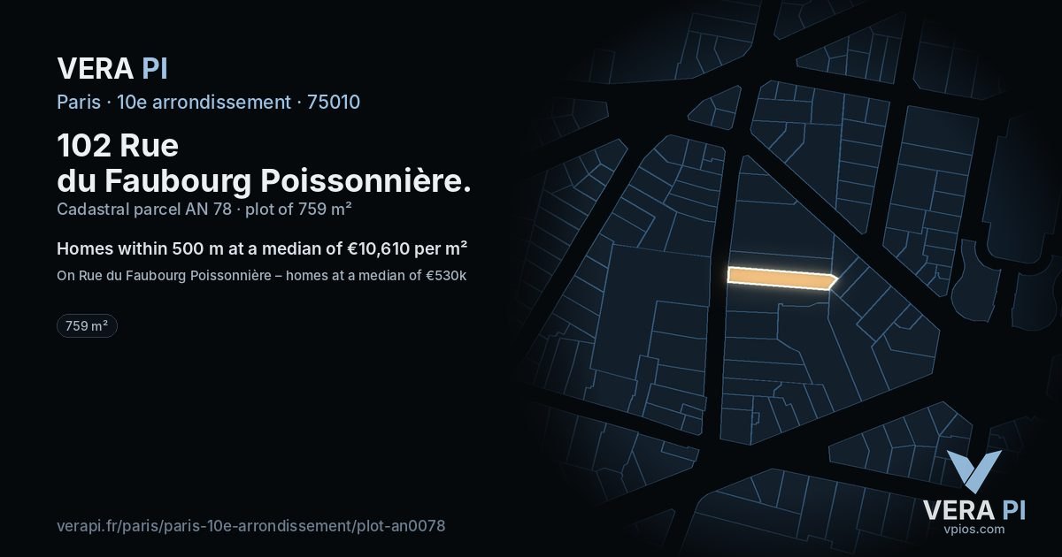 102 Rue du Faubourg Poissonnière, 10e arrondissement at night – the plot lit, the parcels around coloured by the prices near them