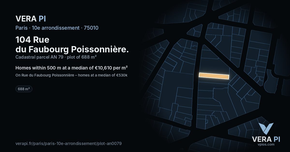 104 Rue du Faubourg Poissonnière, 10e arrondissement at night – the plot lit, the parcels around coloured by the prices near them