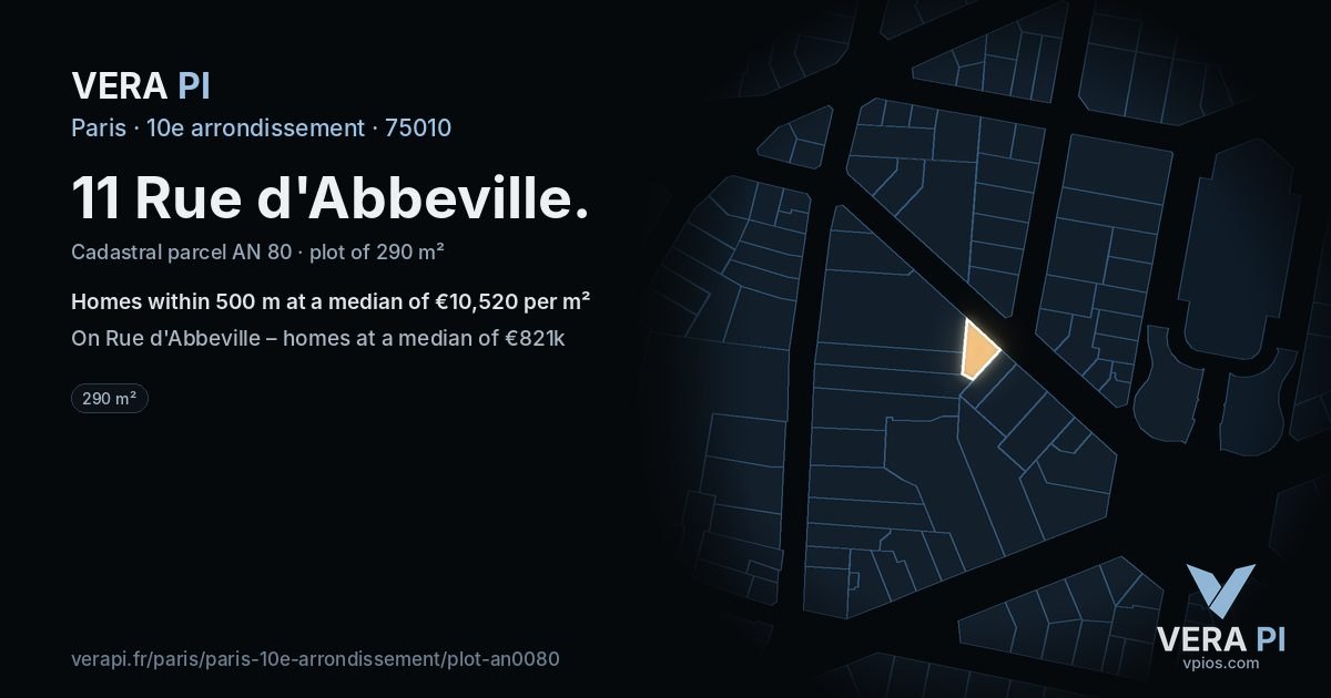 11 Rue d'Abbeville, 10e arrondissement at night – the plot lit, the parcels around coloured by the prices near them