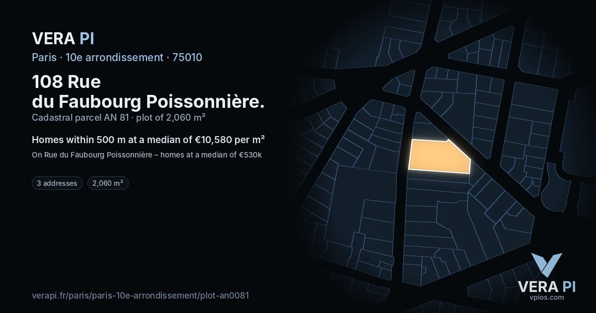108 Rue du Faubourg Poissonnière, 10e arrondissement at night – the plot lit, the parcels around coloured by the prices near them