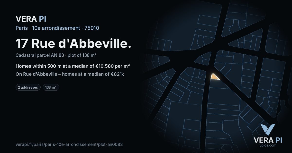 17 Rue d'Abbeville, 10e arrondissement at night – the plot lit, the parcels around coloured by the prices near them
