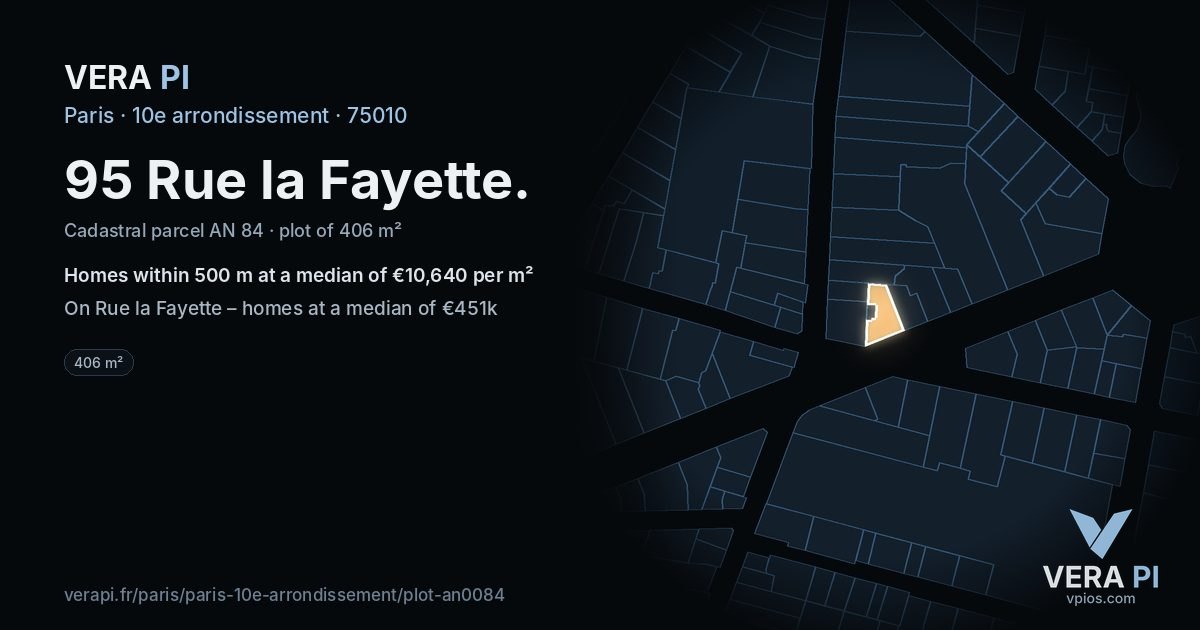 95 Rue la Fayette, 10e arrondissement at night – the plot lit, the parcels around coloured by the prices near them